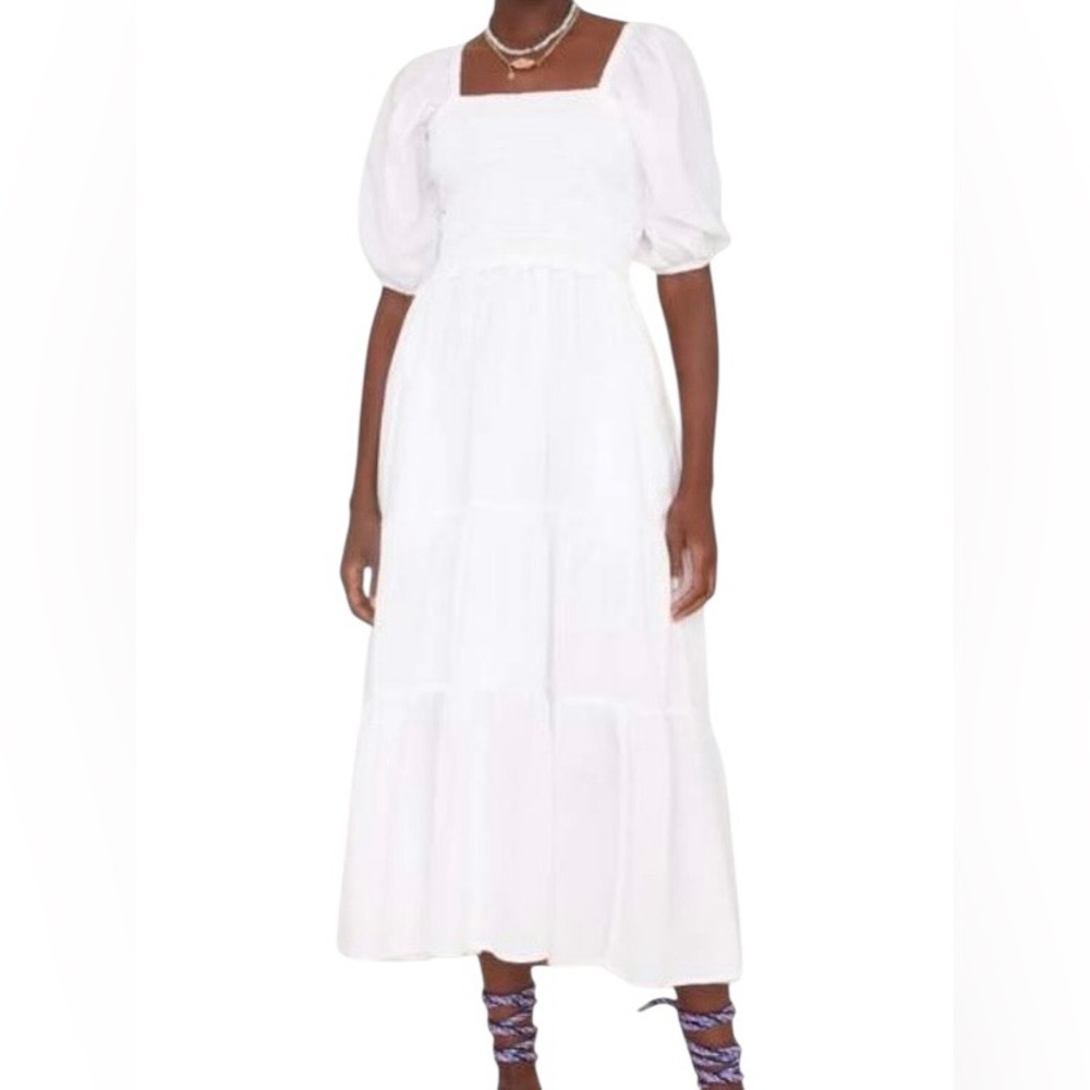 XIRENA Chiara Cotton Poplin Short Puff Sleeve Square Neck Smocked Bodice Midi